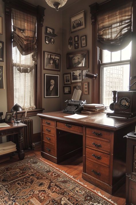 Vintage Office Ideas, Vintage Office Design, 1920s Office, Typewriter Aesthetic, Victorian Writing Desk, Antique Wooden Desk, Dark Academia Desk, Victorian Office, Dark Academia Interior