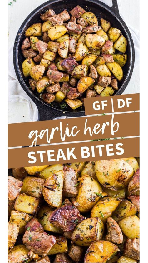 Make these steak bites with potatoes in under 20 minutes! It's a gluten free and dairy free meal full of garlic and fresh herbs. Crispy potato skins and tender steak make this meal a one pan recipe for a weeknight. Steak Bites With Potatoes, Dairy Free Meal, Garlic Steak Bites, One Pan Recipe, Crispy Potato Skins, Garlic Steak, Comfort Casseroles, Pan Recipe, Steak And Shrimp