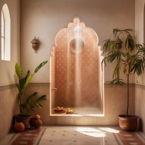 Modern Moroccan Bathroom, Moroccan Bathroom Ideas, Tiled Countertops, Modern Moroccan Interior Design, Moroccan Inspired Bathroom, Colorful Walls, Aesthetic Elements, Moroccan Houses, Moroccan Bathroom