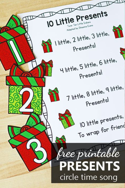 Free printable 10 Little Presents Christmas Counting Song for preschool and kindergarten Christmas activities Toddler Christmas Circle Time, Christmas Math And Science For Toddlers, Christmas Circle Time Songs, Christmas Music Activities Preschool, Christmas Circle Time Activities For Toddlers, Gingerbread Songs For Preschool, Christmas Preschool Circle Time, Christmas Rhymes For Kids, Christmas Circle Time Activities