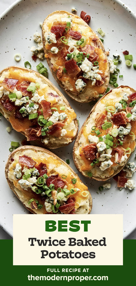 a platter of twice baked potatoes topped with cheddar, blue cheese,  green onions and bacon Double Stuffed Potatoes, Twice Baked Potato Recipe, Easy Twice Baked Potatoes, Best Twice Baked Potatoes, Crispy Potato Skins, Baked Potato Recipe, Baked Potato Skins, Cozy Soups, Twice Baked Potato