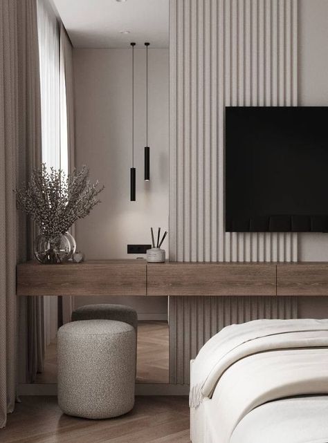 Modern Room Wall Decor, Vanity Tv Bedroom, Bedroom Wall With Tv Decor, Mirror Beside Tv, Television In Bedroom Ideas, Modern Gray Bedroom Ideas, Main Bedroom Tv Wall, Tv Bedroom Setup, Tv On Side Wall In Bedroom