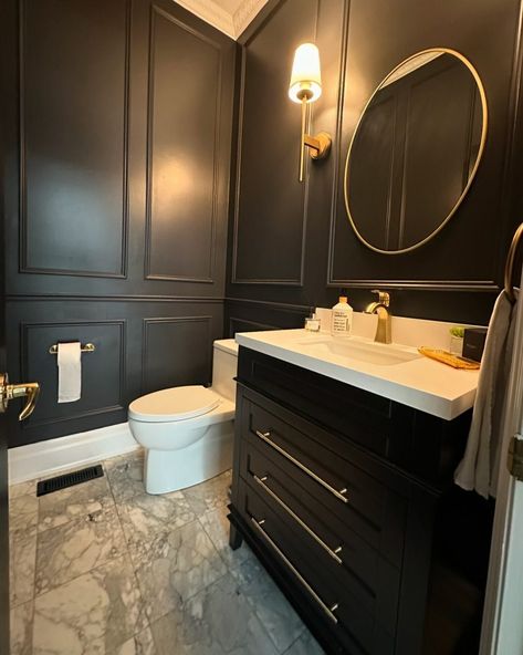 21  Elegant Black Bathroom Vanity Ideas (2024) - DrExplains Powder Room With Black Vanity, Black Bathroom Vanity Ideas, Dark Powder Room Ideas, Luxury Powder Room Design, Black Half Bathroom, Monochromatic Bathroom, Black Powder Room, Luxury Powder Room, Black Cabinets Bathroom