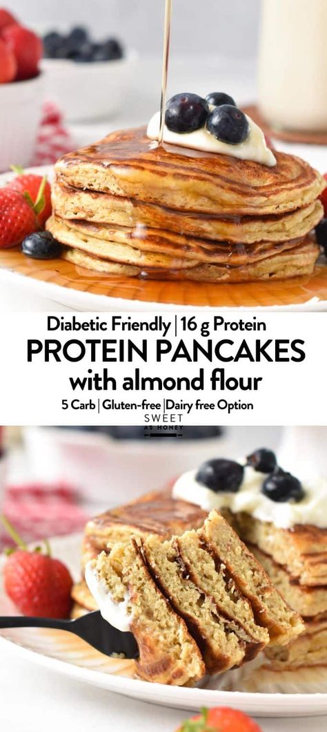 This Protein Pancakes recipe delivers the best light, fluffy gluten-free protein powder pancakes packed with 16 g of proteins and 5 g carbs. Gluten Free Dairy Free Protein Pancakes, Protein Pancakes Almond Flour, Vanilla Protein Powder Pancakes, Gf Protein Pancakes, Arbonne Protein Pancakes, High Protein Pancake Recipe, Almond Flour Protein Pancakes, Coconut Flour Protein Pancakes, Keto Protein Pancakes