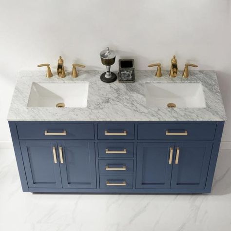 White Marble Sink, Mirror Backsplash, Bathroom Necessities, Plywood Cabinets, Ceramic Sinks, Vanity Set With Mirror, Blue Cabinets, Double Vanity Bathroom, White Marble Countertops