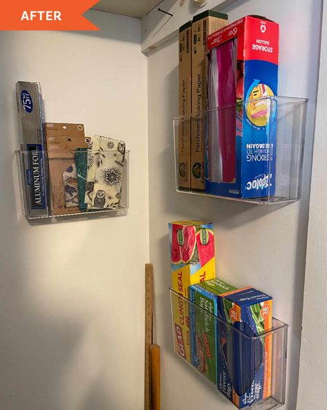 This TikTok Solution Will Help Organize Your Rolls of Plastic Wrap and Foil | Kitchn Organizing Foil And Plastic Wrap, Foil Storage, Aluminum Foil Storage, Pro Organizer, Diy Foil, Kitchen Foil, Kitchen Wrap, Saran Wrap, Cling Wrap