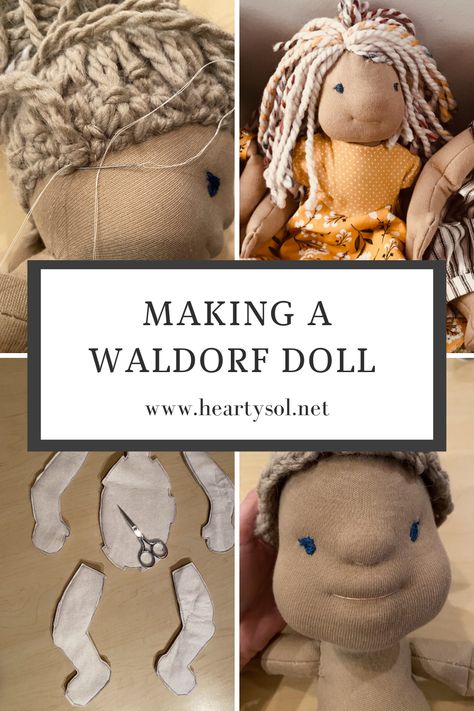 Waldorf Dolls make for the perfect sewing project - I created these when looking for a Christmas gift for my kids a couple years back. Visit www.heartysol.net for full tutorials: face, body, head, and hair.  #waldorfdoll #sewingproject #handmadedoll #handmadewaldorfdoll #wool #cotton #linen #diy How To Make Waldorf Dolls, Diy Waldorf Doll, Waldorf Doll Tutorial, Waldorf Kids, Craft Fair Vendor, Pajama Pattern, Mohair Yarn, Waldorf Doll, Doll Tutorial