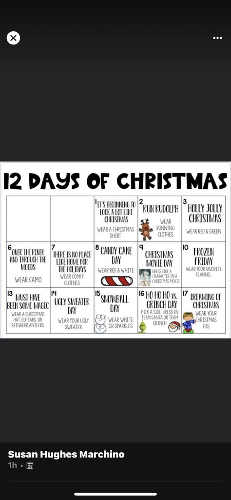 Teacher Christmas Spirit Week, 12 Days Of Christmas Spirit Days, Christmas Sunshine Committee Ideas, 12 Days Of Christmas Outfit Ideas, Dress Up Days For Christmas, Preschool Christmas Spirit Week, Christmas Themed Days, Fall Spirit Week Ideas Preschool, Holiday Week Ideas For Work