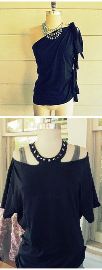 T-Shirt DIY - No Sew, One Shoulder Shirt and Jewelled Halter. I love the one on bottom... I wonder how it looks in the back? Diy Clothes Refashion No Sew, One Shoulder Shirt, Diy Clothes Refashion, Sewing Shirts, Diy Clothes Videos, Tshirt Refashion, Recycled T Shirts, Recycle Clothes, No Sew