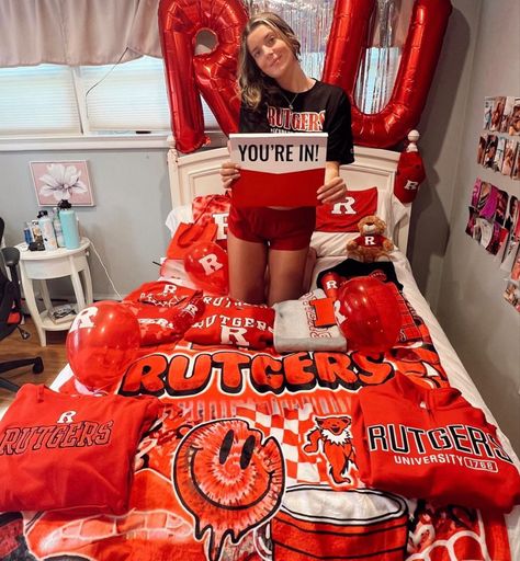 Rutgers Bed Party, College Announcements, College Bed, College Vibes, Red Bed, Bed Party, College Graduation Photoshoot, College Bedding, College Acceptance