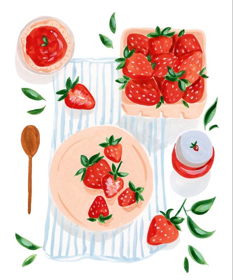 Watercolour Food Art, Watercolor Art Summer, Summer Illustration Art Drawings, Strawberry Art Illustration, Cute Kitchen Prints, Free Wall Prints, Fruit Prints Art, Summer Aesthetic Art, Strawberry Poster Aesthetic