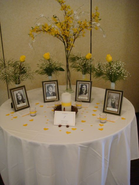 Memorial table for our classmates who passed away...high school picture of each with a small card which told about their life after high school. High School Reunion Planning, Family Reunion Centerpieces, School Reunion Decorations, Class Reunion Planning, 50th Class Reunion Ideas, Family Reunion Decorations, Class Reunion Invitations, Reunion Centerpieces, 10 Year Reunion