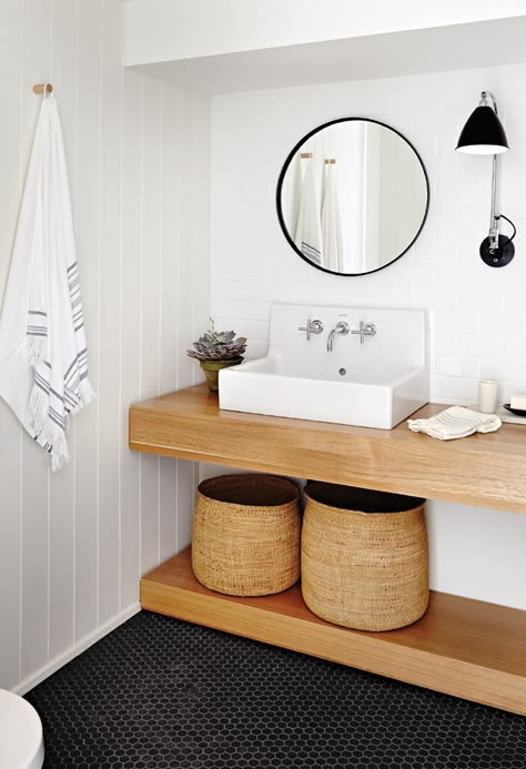 This could be really cool for the downstairs bathroom, concrete floors, open wood top + white vessel sink :: BASEMENT Bad Inspiration, Ideas Hogar, Floating Vanity, Decor Baie, Bathroom Trends, Bad Design, Basement Bathroom, Minimalist Bathroom, Laundry In Bathroom