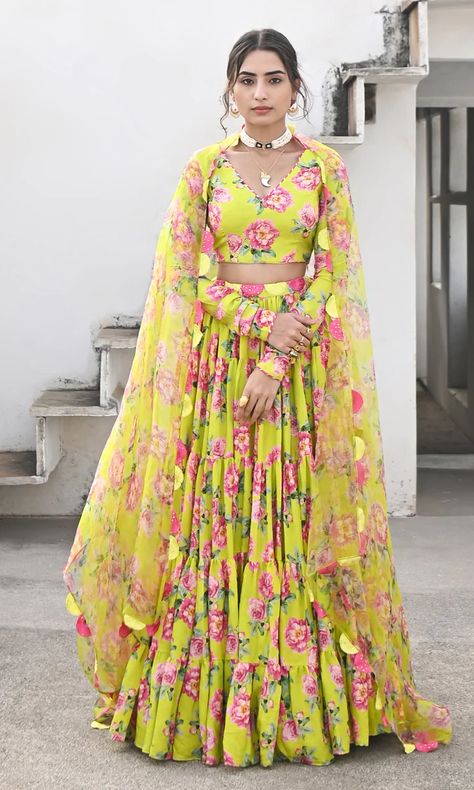 Floral Lehenga Crop Tops, Haldi Ceremony Outfit For Bride Unique, Haldi Ceremony Outfit, Baju Kahwin, Lehenga Pattern, Lehenga Crop Top, Lehenga Saree Design, Floral Lehenga, Lehenga Designs Simple