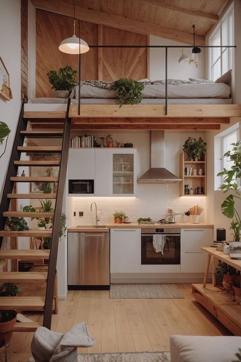 Cute Lofts Apartments, Apartment Loft Layout, Loft In Living Room, Bedroom With Loft Space, House Loft Design, Cute Loft Apartment, Studio Apartment With Loft, Modern Loft House Design, Apartment With Loft