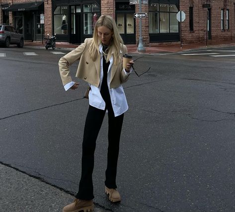 Shea Marie on Instagram: “getting a taste of fall 💧☕️” Shea Marie Style, Shea Marie, Black Straight Leg Pants, Cropped Blazer, Fall Street Style, Straight Leg Pants, Combat Boots, Trench Coat, Fashion Inspo