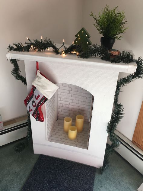 DIY fireplace for under $40... Foam Fireplace Diy, Diy Mantel Fireplace Cardboard, Diy Cardboard Box Christmas Fireplace, Christmas Diy Fireplace Cardboard, Faux Fireplace Diy Cardboard Christmas, Styrofoam Crafts, Diy Fireplace, Fireplace, Home Decor