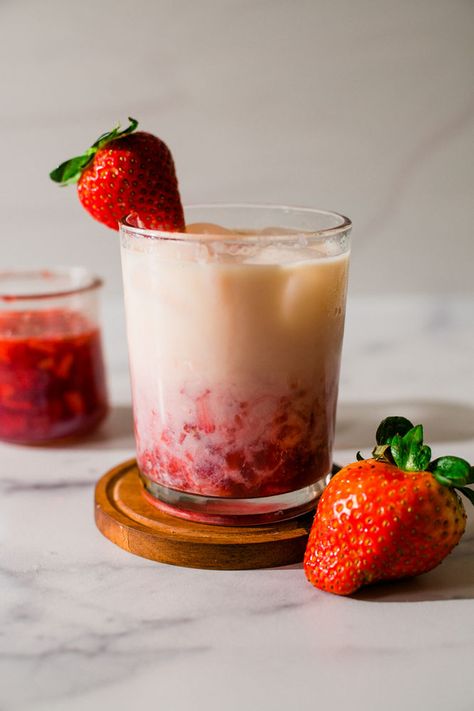 Korean-Inspired Strawberry Milk Strawberry Milk Drink Recipe, Strawberry Milk Boba, Milk And Strawberry, Korean Strawberry Milk, Ultramilk Drink Stroberi, Korean Cafe, Strawberry Drinks, Not In The Mood, Ice Milk