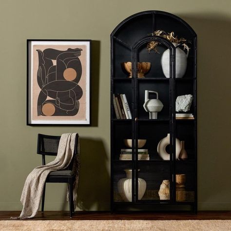 Display books, barware and other treasures in an arched cabinet with a glass pane detailed door. Solid iron is finished in soft, matte black with contrasting brass hardware.  Assembly Required? No Black Glass Cabinet, Arched Cabinet, Display Books, China Cabinet Display, Cabinet Black, Cabinet Style, Metal Cabinet, Glass Cabinet Doors, Glass Cabinet