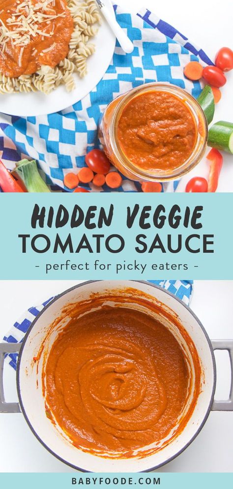 The entire family will love this hidden vegetable tomato sauce! It's the best way to get picky eaters to eat their veggies! This healthy, easy homemade tomato sauce is full of nutrient dense vegetables and is packed with flavor. Your kids will never taste the difference! #pickyeaters #tomatosauce #kidfriendly #marinara #healthyrecipes Veggie Tomato Sauce, Vegetable Tomato Sauce, Easy Homemade Tomato Sauce, Tomato Soup Grilled Cheese, Pasta Healthy, Picky Eaters Kids, Veggie Pasta, Hidden Veggies, Homemade Tomato Sauce