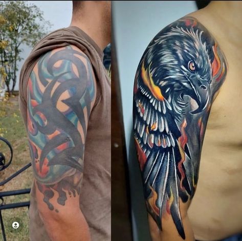 Back Coverup Tattoo, Cover Up Tattoos For Men Arm, Big Cover Up Tattoos, Eagle Shoulder Tattoo, Arm Cover Up Tattoos, Cover Up Tattoos For Men, Tatuaje Cover Up, Body Armor Tattoo, Traditional Black Tattoo