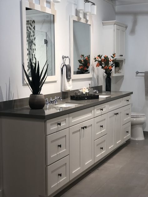 Bathroom vanity, not the floors or counters Bathroom Vanity Designs, Grey Countertops, Vanity Design, Double Vanity Bathroom, Double Sink Bathroom Vanity, Bathroom Countertops, Trendy Bathroom, Grey Flooring, Grey Bathrooms