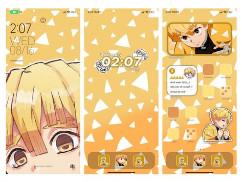 demon slayer, zenitsu phone theme Demon Slayer Phone Theme, Demon Slayer Homescreen, Homescreen Organization, Homescreen Setup, Android Homescreen, Organization Aesthetic, Aesthetic Homescreen, Ios Layout, Phone Theme