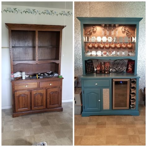 Rather than throw out an old china cabinet, repurpose it as an entertainment bar for hosting dinner parties. Repurposed Buffet Cabinet To Bar, What To Do With An Old China Cabinet, Buffet Into Bar Repurposed, China Cabinet Alcohol Bar, Refurbished China Cabinet Coffee Bar, Repurpose Old China Cabinet, Coffee Bar Made From Old China Cabinet, Peacock Furniture Paint, China Cabinet To Bar Makeover