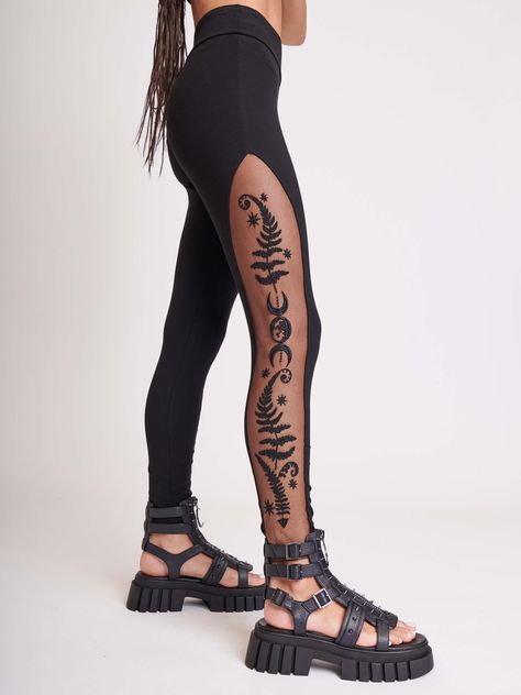 Fern Relics Embroidered Legging Goth Sweaters, Goth Leggings, Embroidered Leggings, Romantic Goth, Short Models, Long Sleeve Outerwear, Stretchy Leggings, Handbag Shoes, Gothic Fashion