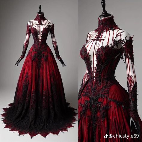 Horror Wedding Dress, Vampire Princess Dress, Vampire Dress Aesthetic, Gothic Red Evening Dress, Red And Black Wedding Dress, Vampire Wedding Dress, Gothic Red And Black Dress, Black And Red Vampire Dress, Long Gothic Dress Marrige