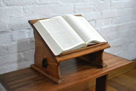 Book Display Stand, Single Book, Bible Stand, Wooden Ideas, Antique Bookcase, Bookcases For Sale, Church Furniture, Bible Book, Odd Stuff