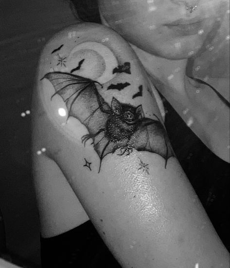 Bat Chest Piece Tattoo, Bat Tattoo On Arm, Bat Shoulder Tattoos For Women, Bat Shoulder Tattoo, Gothic Shoulder Tattoo, Goth Tattoo Sleeve, Gothic Bat Tattoo, Bat Tats, Bats Tattoo