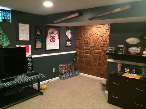 Husband eagles man cave 3 Eagles Basement, Eagles Man Cave, Philadelphia Eagles Man Cave, Brown And Gray Bathroom, Man Cave Paintings, Bedroom Paint Schemes, Gentlemans Lounge, Man Cave Bedroom, Man Cave Items