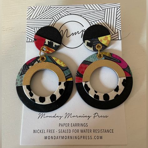 Local Jewelry Artist In Virginia Makes High Quality Paper Earrings That Are Sealed To Last And Waterproof. Huge Statement Earrings That Are Lightweight And Fun To Wear! Primarily Black And Gold Geometric Post Earrings With Fun Patterns Incorporated Like Animal Print And Abstract Red, Pink, Blue, And Yellow. Brand New, Never Worn. Big Bold Earrings, Glowforge Jewelry, Watercolor Earrings, Africa Earrings, Dope Jewelry Accessories, Abstract Earrings, Polymer Earrings, Jewelry Artist, Paper Earrings