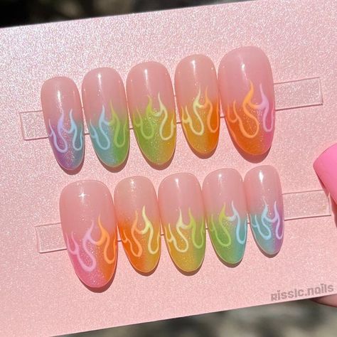 Rainbow Press On Nails, Rainbow Flame Nails, Gel Ombre, Blue Prom Nails, Flame Nails, Custom Press On Nails, Ombre Glitter, Nail Prep, Round Nails