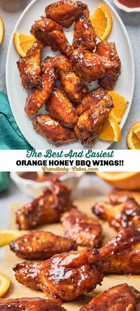 Orange Honey BBQ Wings Orange Bbq Sauce, Sweet Chicken Wing Sauce, Best Bbq Wings Recipe, Wings Recipe Bbq, Chicken Wing Flavor Ideas, Chicken Wing Sauce Ideas, Bbq Wings Grilled, Orange Honey Chicken, Orange Chicken Wings