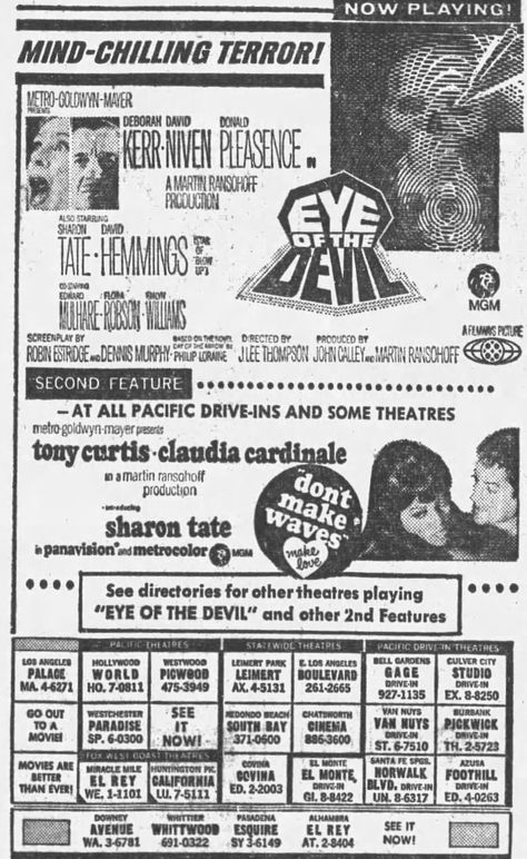 Double ad for "Eye of the Devil" (1965) starring Deborah Karr, David Niven, Donald Pleasence, David Hemmings, and Sharon Tate (in her first film), and "Don't Make Waves" (1966), starring Tony Curtis, Claudia Cardinale, and Sharon Tate.  From The Los Angeles Times; Tuesday, September 26th, 1967, Section 4 Page 10. David Hemmings, Movie Ads, Donald Pleasence, David Niven, Tony Curtis, Claudia Cardinale, Star David, Sharon Tate, Make Waves