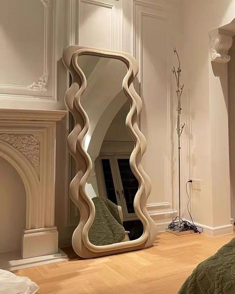 Aesthetic Mirror Design, Length Mirror In Bedroom, Bedroom Full Length Mirror, Wavy Mirrors, Full Length Mirror Decor, Full Length Mirror Living Room, Full Length Mirror Decor Ideas, Mirror In Living Room, Swirl Mirror