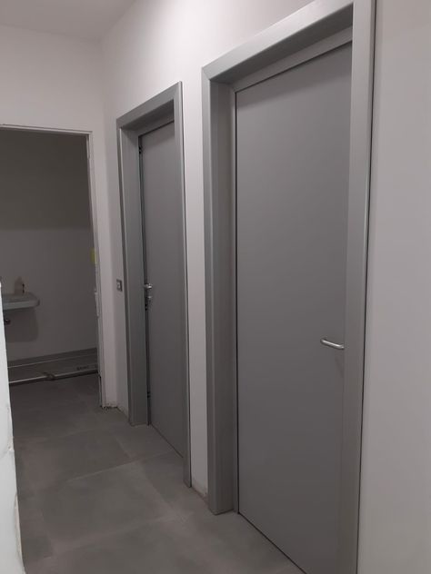 Light Gray Walls With Dark Gray Doors, Grey Indoor Doors, Grey Trim And Doors, Dark Grey Interior Doors, Grey Doors Interior Modern, Gray Doors Interior, Grey Doors Interior, Dark Gray Interior Doors, Light Gray Bedroom