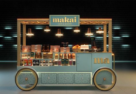 Bakery On Wheels, Gerobak Design Food Carts, Food Stand Ideas, Cafe Cart, Bakery Kiosk, Mall Kiosk Design, Mobile Kiosk, Graphic Design Exhibition, Food Stall Design