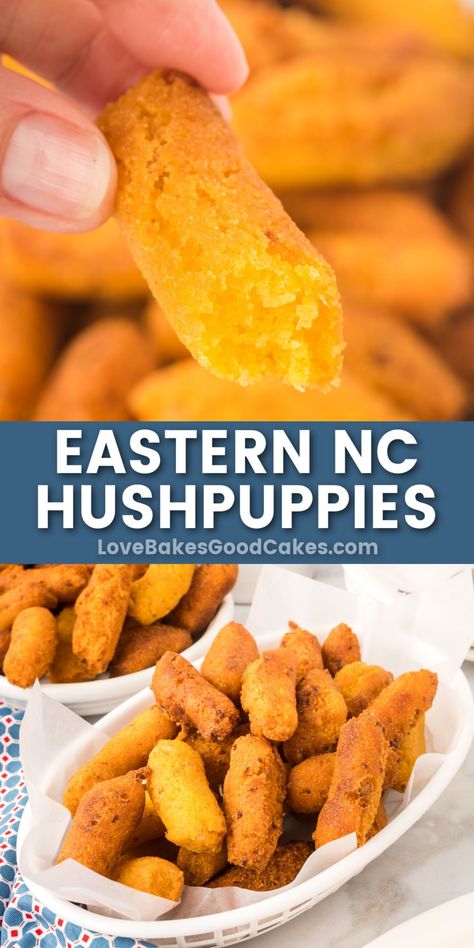 Eastern NC Hush Puppies pin collage Hush Puppies Recipe With Corn, Easy Hush Puppy Recipe, Fish Seasoning Recipe, Fried Catfish Recipes, Fish Batter Recipe, Corn Recipes Side Dishes, Hush Puppies Recipe, Simple Appetizer, Delicious Appetizer Recipes