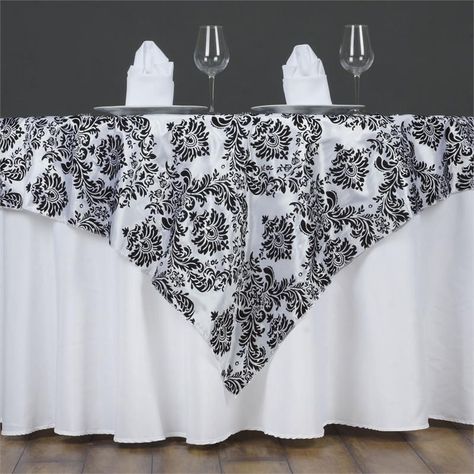 60" Wholesale Black Flocking Overlay For Wedding Party Event Decoration Square Overlay, Damask Decor, Table Overlays, Party Table Cloth, Chair Sashes, White Damask, Banquet Tables, Square Table, Wedding Table Settings