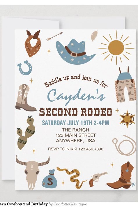 Second Rodeo Western Cowboy 2nd Birthday Invitation Boys 2nd Birthday Party Themes, Boys 2nd Birthday, Second Rodeo, 2nd Birthday Party Themes, 2nd Birthday Party, 2nd Birthday Invitations, Birthday Themes, The Ranch, Western Cowboy