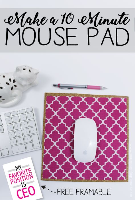 Learn how to make a custom DIY mouse pad in 10 minutes with cork, a bit of material & some spray adhesive. So easy & inexpensive you can make a whole set! How To Make A Mouse Pad, Mouse Pad Design Ideas, Diy Mouse Pad, Diy Mouse, Office Organizing, Desk Organization Diy, Diy Rustic Decor, Crafts For Kids To Make, Spray Adhesive