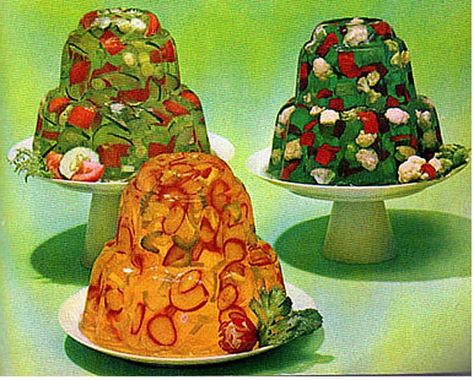 Gross Jello Recipes: This salad calls for pineapple, lime or lemon-flavored Jell-O, vinegar, onion, pepper and one to two cups of your favorite veggies. Aspic Recipe, Jelly Salad, Jello Mold Recipes, Green Jello, Gelatin Dessert, Jello Salad, Jello Molds, Jello Recipes, Jell O