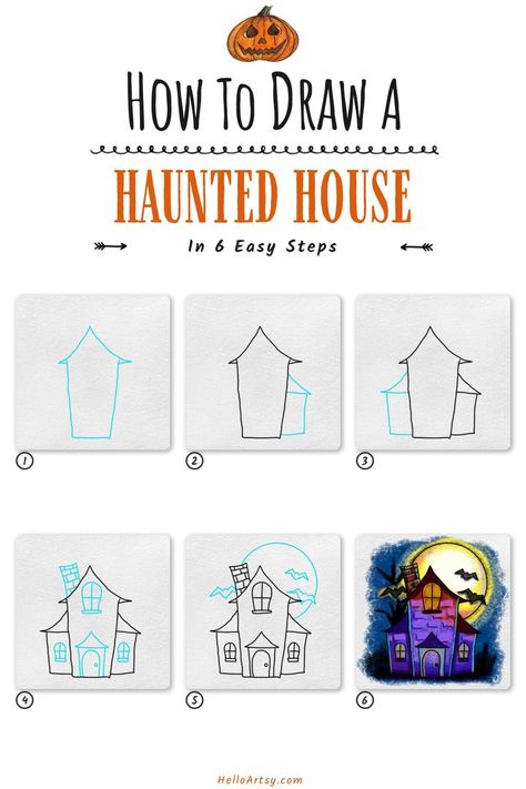 Step by step drawing lesson teaching you how to draw an Easy Haunted House Drawing Halloween Haunted House Drawing, Draw Haunted House, Easy Haunted House, Haunted House For Kids, Halloween Art Drawing, Halloween Art Lessons, Haunted House Drawing, Haunted House Craft, Easy Halloween Drawings