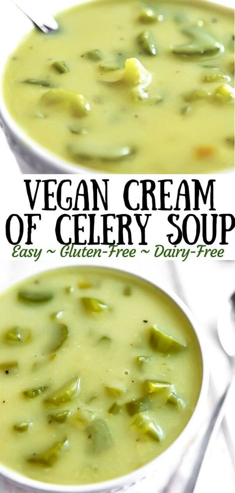 This vegan cream of celery soup is gluten-free, dairy-free, and can be made soy-free too.  It’s hearty, creamy, and pure vegan comfort food!  Using a few simple ingredients that you probably already have in your kitchen; this easy soup is a family favorite!  Rich creamy comfort food like mom used to make... only made vegan. #vegan #vegansoup #thehiddenveggies Celery Recipes, Healthy Nutrition Plan, Cream Of Celery, Soup Easy, Vegan Cream, Cream Of Celery Soup, Celery Soup, Easy Soup, Vegan Soups