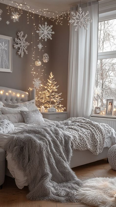 Cozy bedroom with gray walls, white bed, winter decor, fluffy blanket, gray nightstand, and wooden floor. Winter Theme Bedroom, Cozy Winter Bedroom Ideas, Dream Room Ideas, Lodge Bedroom, Lavish Living Room, Industrial Home Offices, Gray Nightstand, Winter Retreat, Winter Bedroom