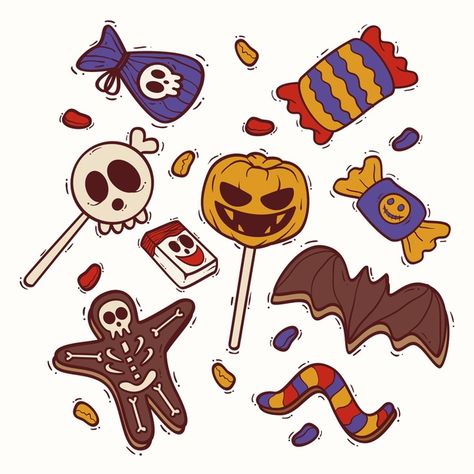 Conjunto de dulces de halloween de diseñ... | Free Vector #Freepik #freevector Marcos Halloween, Mexican Halloween, Dulces Halloween, Halloween Sweets, Halloween Vector, Halloween Drawings, Halloween Cupcakes, Ideas Halloween, Vector Hand