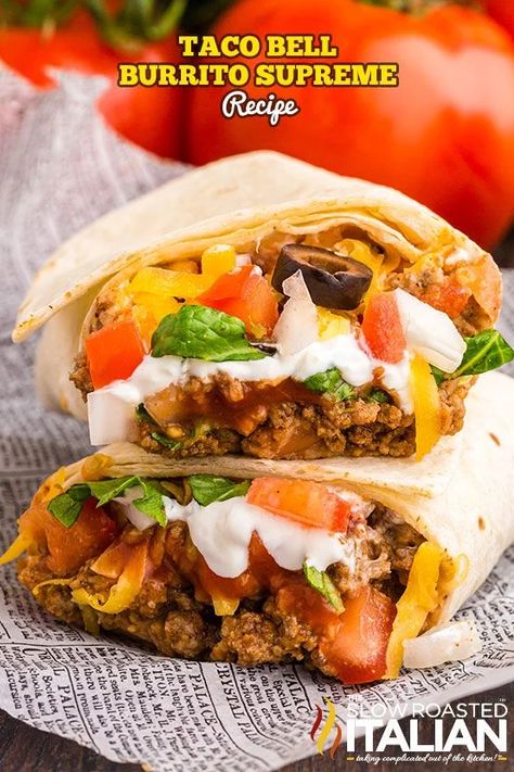 Taco Bell Burrito Supreme, Burrito Supreme Recipe, Taco Bell Burrito, Burrito Supreme, Mexican Chalupas Recipe, Menu Sushi, Slow Roasted Italian, Menu Burger, Taco Bell Recipes